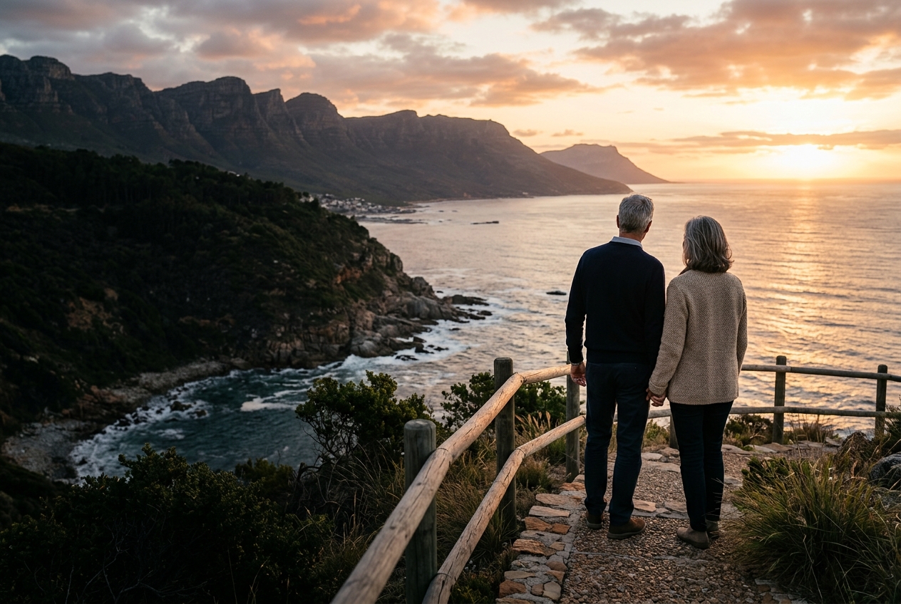 Casal adulto contemplando uma paisagem